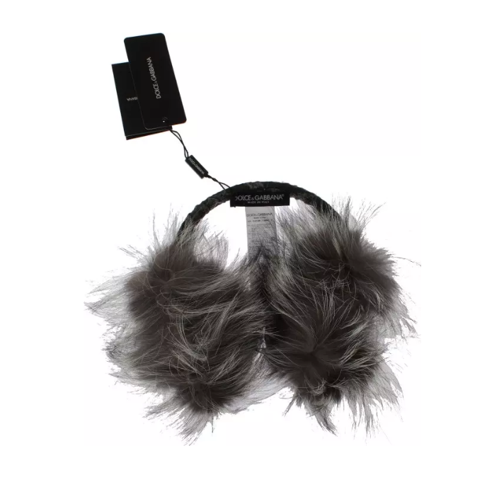 Dolce & Gabbana Gray Fox Fur Crystal Ear Muffs