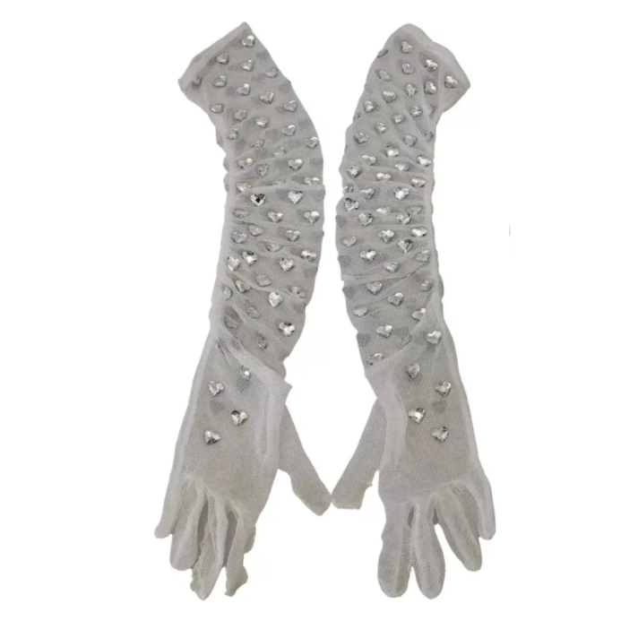 Dolce & Gabbana White Crystal Elbow Length Cotton Tulle Gloves