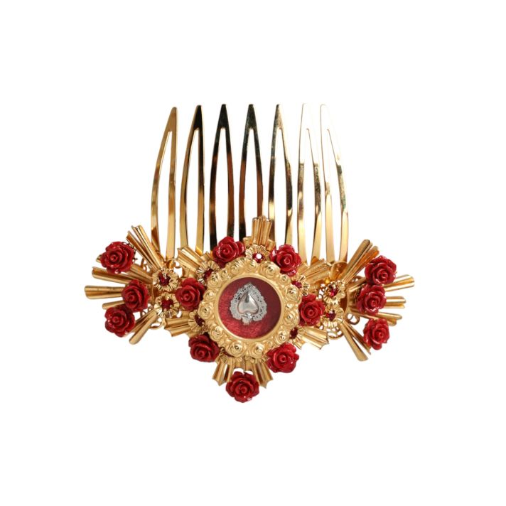 Gold Brass Crystal Heart Floral Hair Comb