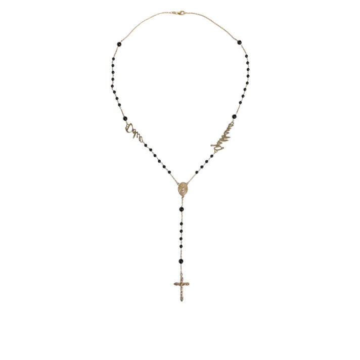 Gold Sterling Silver Black Beaded Rosary Chain Necklace