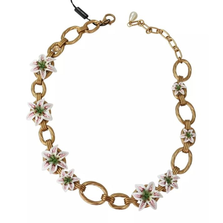 Gold Brass Oversize Chain LILY Flowers Necklace