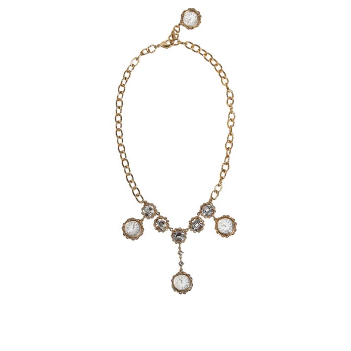 Gold Chain Brass Crystal Clock Statement Necklace