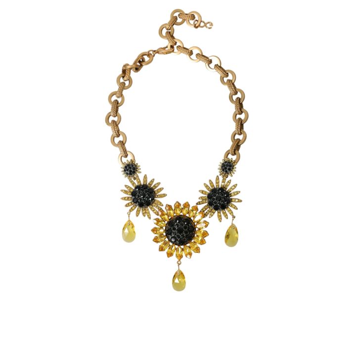 Gold Tone Brass Sunflower Crystal Embellished Necklace
