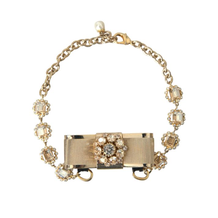 Gold Brass Clear Crystal Bow Chain Choker Necklace
