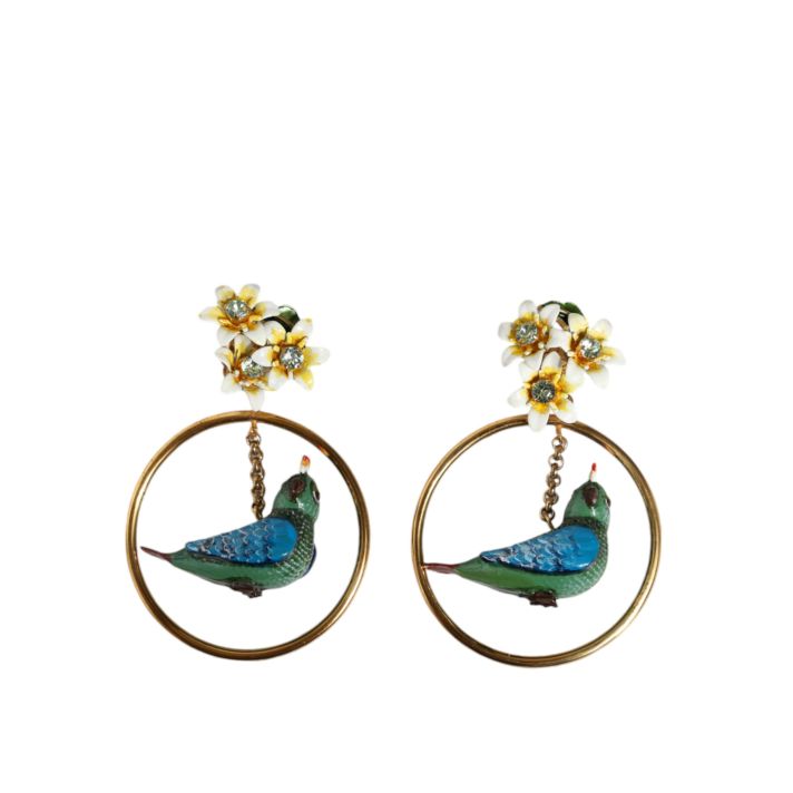 Gold Tone Brass Crystal Bird-in-Hoop Statement Earrings