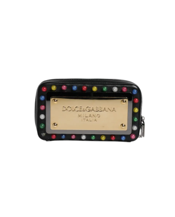 Dolce & Gabbana Black Leather LED Logo Wrist Strap Clutch Bag