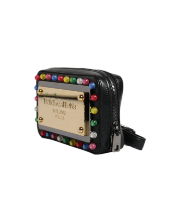Dolce & Gabbana Black Leather LED Logo Wrist Strap Clutch Bag