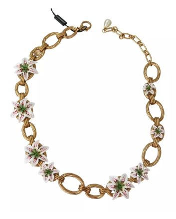 Gold Brass Oversize Chain LILY Flowers Necklace