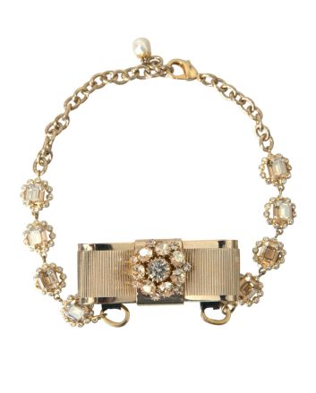 Gold Brass Clear Crystal Bow Chain Choker Necklace