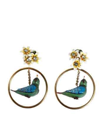 Gold Tone Brass Crystal Bird-in-Hoop Statement Earrings