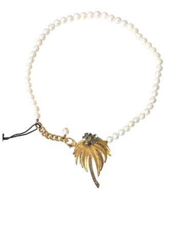 Gold Brass Crystal Pearl Tree Pendant Charm Necklace
